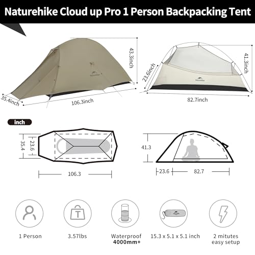 Naturehike Cloud-Up 1 Person Tent, Lightweight Backpacking Tents for One Man, Waterproof Ultralight One Person Tent for Ca...