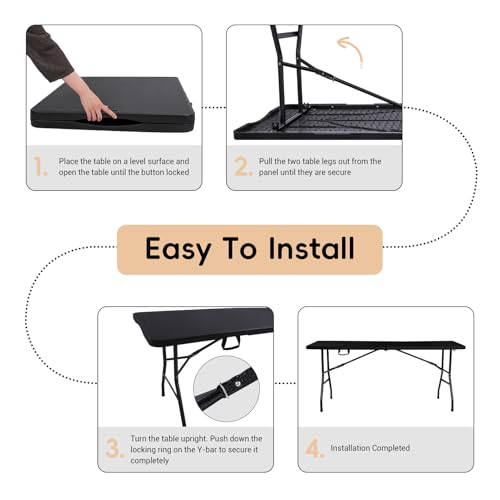 pollilar Folding Table 6FT HDPE 6 Foot Foldable Table Portable Banquet Surface Fold-in-Half Desk Utility for Working Meeti...