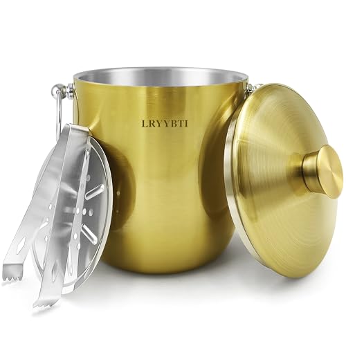 LRYYBTI Ice Buckets for Parties with Lid,Tongs and Strainer (3L/Gold) Double Wall Stainless Steel Ice Bucket Keeps Frozen ...