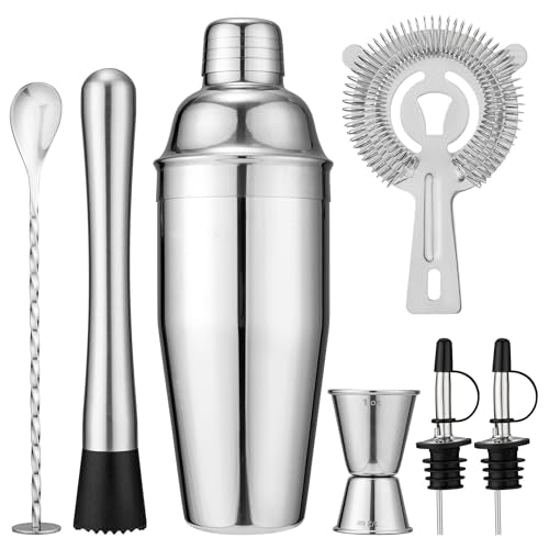 7-Piece Cocktail Shaker Set, 24oz Shaker Strainer Muddler Jigger Mixing Spoon Pourers, Bartender Kit, Bar Accessories, Sta...