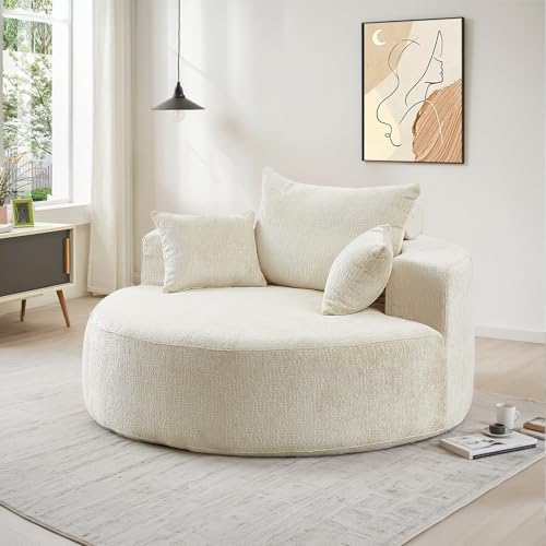 Oversized Round Chaise Longue Chair Indoor, Modern 55-inch Upholstered Chenille Deep Seat Circle Single Cloud Lounge Floor...