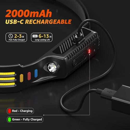 (3-Pack) Headlamp Rechargeable, 230° COB Wide Beam Head Lamp Headband with Motion Sensor, 5 Modes Headlight Led Head Band,...