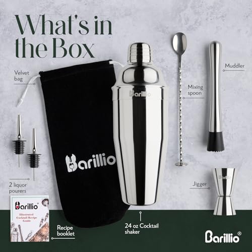 Barillio Mixology Bartender Kit - 8 pcs Stainless Steel Travel Cocktail Shaker Set with Bag - Bar Tools Set with Martini S...