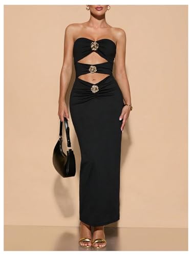 Milumia Women's Metal Cut Out Strapless Tube Top Dress Bodycon Maxi Dresses Party Cocktail