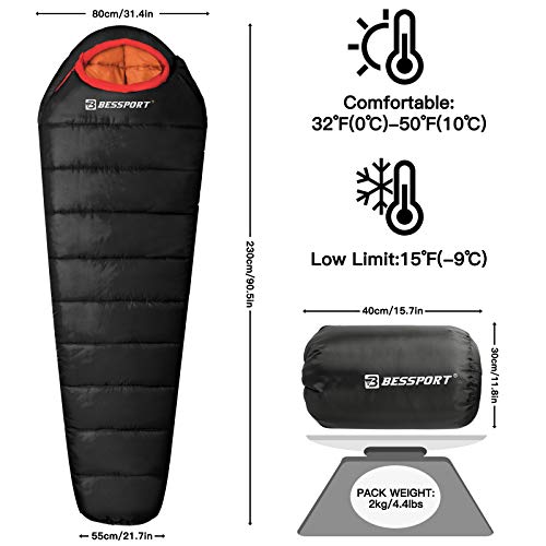 Bessport Mummy Sleeping Bag | 15-45 ℉ Extreme 3-4 Season Sleeping Bag for Adults Cold Weather– Warm and Washable, for Hiki...