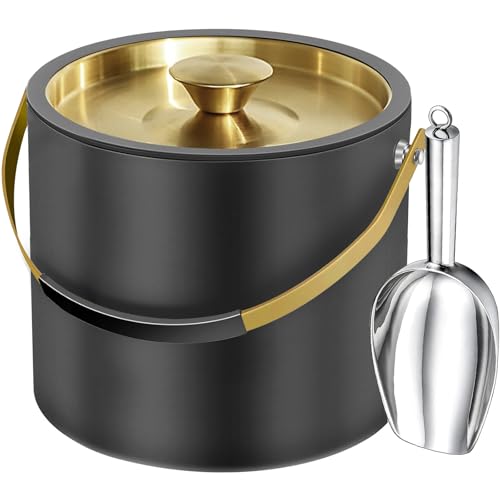 3.2L/3.4QT Modern Insulated Ice Bucket with Silicone Lid, Scoop, Strainer, Double Wall Stainless Steel Ice Bucket for Part...