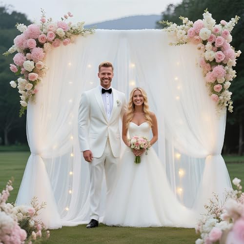 Fomcet White Backdrop Curtains with Lights String 10X8FT Polyester Fabric & Tulle Curtains Backdrop Drapes for Back Drop P...