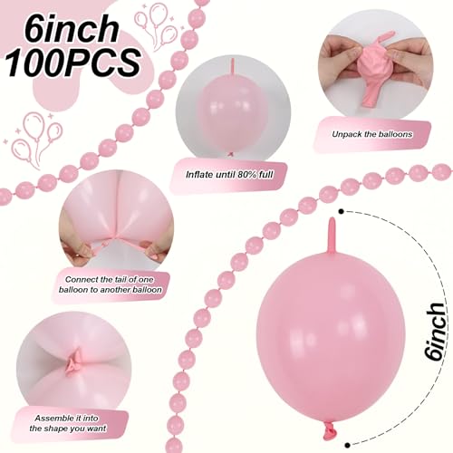 Pastel Pink Linking Balloons, 100PCS 6 Inch Small Baby Pink Link Balloons for Making Balloon Wall Heart Arch, Quick Linked...