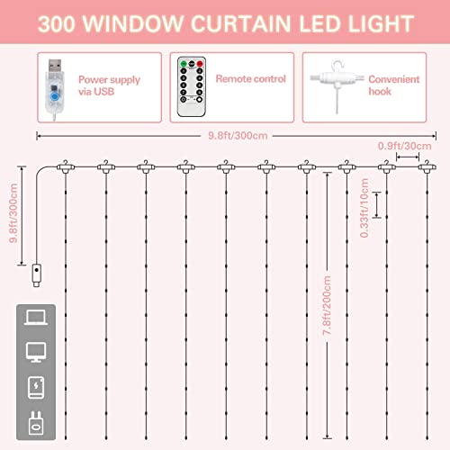 SUNNEST LED Curtain Lights Christmas, 300 LEDs 9.8FT x 9.8FT USB Curtain String Light with 8 Lighting Modes Wall Lights wi...