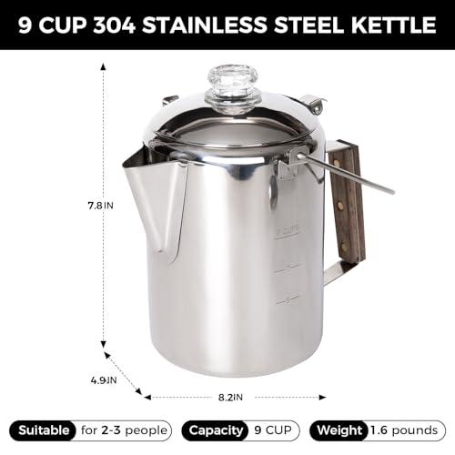 KingCamp Percolator Coffee Pot Campfire Coffee Boiler Kettle 304 Stainless Steel with Camping Stove, 3 Burners Propane Por...