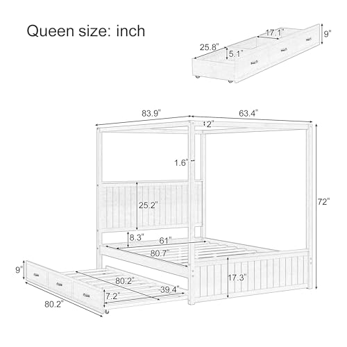 VilroCaz Modern Queen Size Canopy Platform Bed with Trundle and 3 Storage Drawers, 4-Poster Solid Wood Bed Frame with Chan...