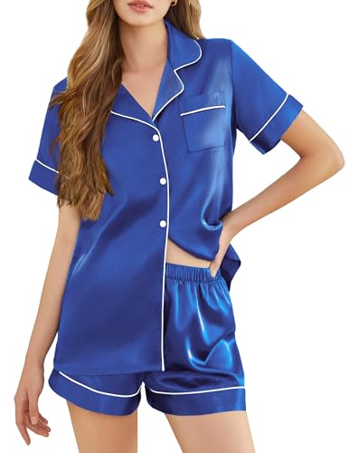 SHEFOTY Silk Pajamas for Women Short Sleeve Sleepwear Soft Button Down Loungewear 2 Piece Satin Pjs Shorts Set S-XXL