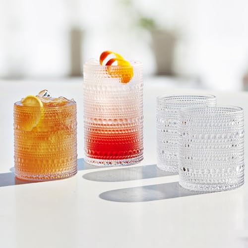 FULGNU Hobnail Drinking Glasses Set of 12, 11.8 oz Vintage Glasses Drinking Set & 10 oz Cocktail Glasses Set, Embossed Gla...
