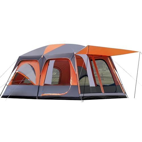 8–10-12 Person Camping Tent, 2 Room Family Tent with Zippered Divider, Porch, Rainfly, Extra Large Waterproof Cabin Tent w...