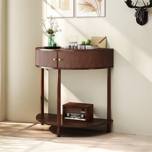 Half Moon Fluted Console Table for Narrow Entryway, Boho Wood Side Coffee Table with Storage, Accent Table for Small Spaces, Decorative Furniture for Living Room Hallway Foyer Entrance (Brown)