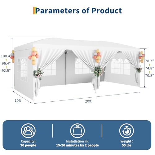 GarveeLife 10x20 Heavy Duty Pop Up Canopy Tent with 6 Removable Sidewalls, Easy Up Commercial Canopy Tents for Parties, La...