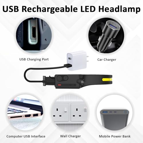 LED Headlamp Rechargeable with Motion Sensor USB Head Lamp Comfortable Headband with Wide Beam 5 Modes 350 Lumen Ultra Bri...