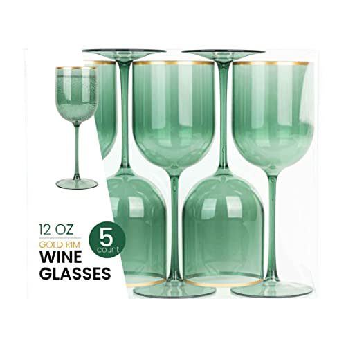 Green Wine Cup with Gold rim Plastic Wine Glasses Set of 10 Elegant Wine Goblets Hard Plastic Champaign Cups on Stem 12 Ou...