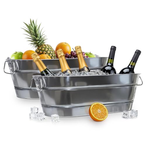 PLEXON Galvanized Tub with Handles - Beverage Tub - Metal Ice Bucket for Parties - Ice Bucket for Cocktail Bar Restaurant...