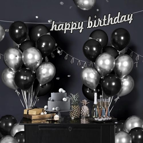 Black and Silver Balloons,65PCS 12 Inch Metallic Chrome Silver and Black Latex Balloons for Birthday Graduation Anniversar...