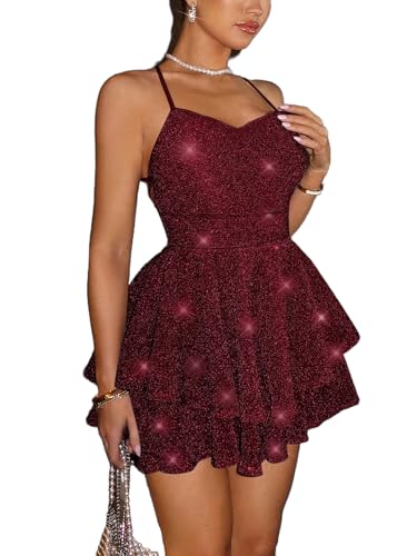 BOGURST Women Glitter Romper Dress Lace Up Sleeveless Backless Jumpsuit Dress