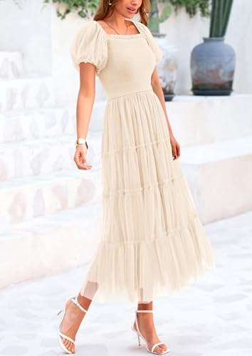 PRETTYGARDEN Women's Smocked Midi Tulle Dress 2026 Summer Puffy Short Sleeve Square Neck Ruffle Wedding Guest Party Dresses