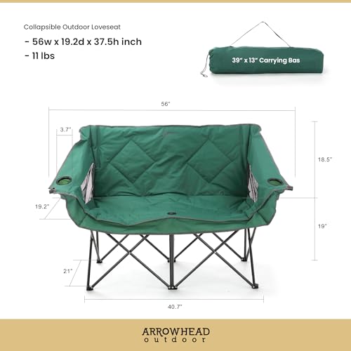 ARROWHEAD OUTDOOR Portable Folding Double Duo Camping Chair Loveseat w/ 2 Cup & Wine Glass Holder, Carrying Bag, Supports ...