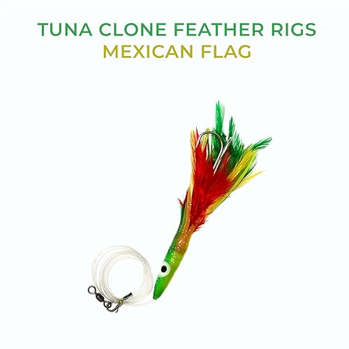 6" Tuna Clone Feather Rigs, 6 Pcs Mexican Flag Color, for Offshore Saltwater Trolling, Skirted Feather Lures, Ideal for Bi...