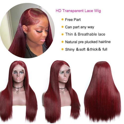 26 Inch 99j Burgundy Lace Front Wigs Human Hair Pre Plucked 13x4 Straight Lace Frontal Wigs Human Hair Win Red Colored Wigs for Black Women Straight Wigs Human Hair Natural Hairline