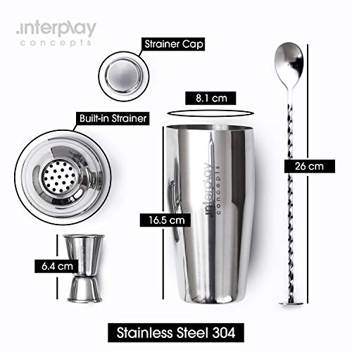 Interplay Concepts 25oz Cocktail Shaker - Large Drink Shaker for Perfect Drinks - Stainless Steel Martini Shaker with Buil...