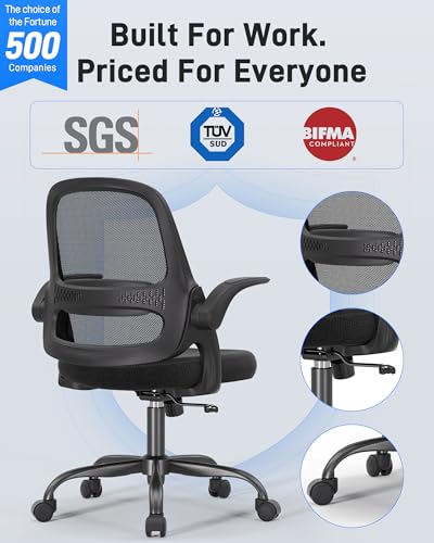 Ergonomic Mesh Office Chair for Home Office, Flip-Up Arms, Breathable Mesh Back & Thick Seat Cushion, Swivel Rolling Compu...