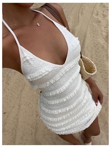 GORGLITTER Women's Backless Halter Neck Bodycon Mini Dress Sleeveless Deep V Neck Open Back Ruffle Knit Pencil Short Dresses