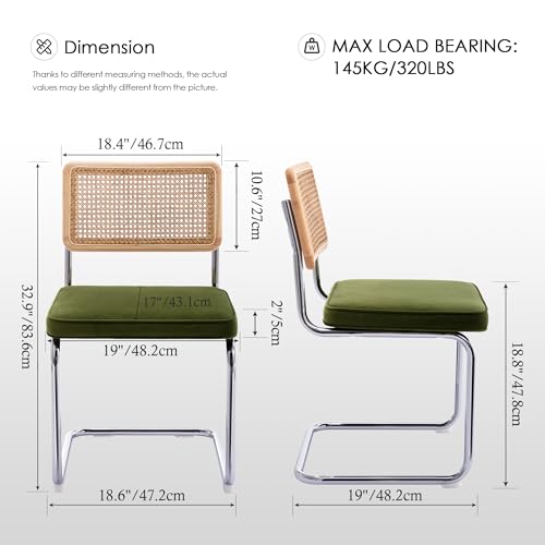 Zesthouse Natural Rattan Dining Chairs Set of 2, Olive Green Modern Kitchen Chairs with Solid Wood Back & Chrome Base, Mid...