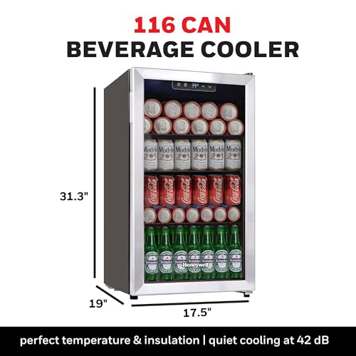 Honeywell Beverage Refrigerator and Cooler, 116 Can Mini Fridge with Glass Door for Soda Beer or Wine for Office or Bar wi...