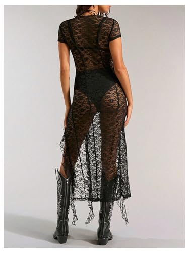 GORGLITTER Women's Sheer Lace Maxi Dress Y2K Goth Festival Outfit Concert Birthday Cocktail Going Out Slimming Dresses