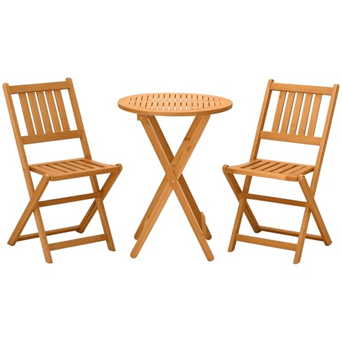 Outsunny 3-Piece Acacia Wood Bistro Set, Folding Patio Furniture with 2 Folding Chairs and Round Coffee Table, Teak, Slatt...