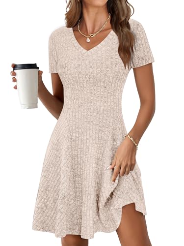 ANRABESS Womens Summer Dresses Casual Short Sleeve Ribbed Knit V Neck Swing A-Line 2026 Spring Vacation Tunics Short Dress
