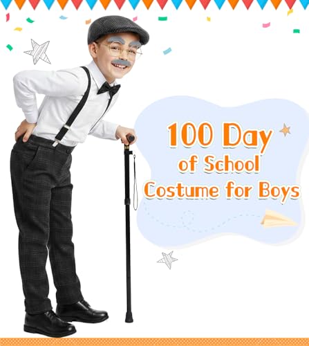 Mscawow Old Man Costume for Kids–100 Days of School Costume with Hat,Glasses,Suspenders & Cane