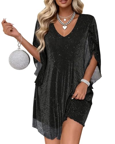 Gettalocky Women's Sparkly Cocktail Dresses for Wedding Guest Flutter Sleeve Loose Chiffon Party Dress