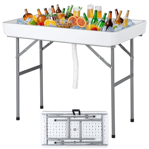 SUPER DEAL Party Ice Cooler Folding Table with 5L Bucket, Portable Outdoor Cooler Table with Removable Matching Skirt, Lar...