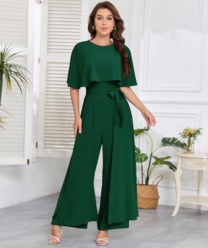 DGHBVS Jumpsuits for Women Dressy Casual One-Piece Outfits Elegant Formal Cape Belted Wide Leg Rompers Evening Pantsuits