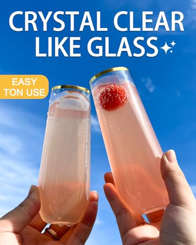 Maaacute 24 Pcak Champagne Flutes Plastic, 9 Oz Disposable Stemless Mimosa Gold Rim Toasting Glasses, Clear Crystal Plasti...