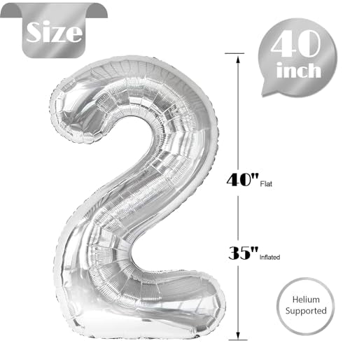 Silver 2 Balloon, Number Balloons 40 Inch, 2nd Balloon Number Birthday Decorations, Two Second Birthday Party Supplies, Nu...