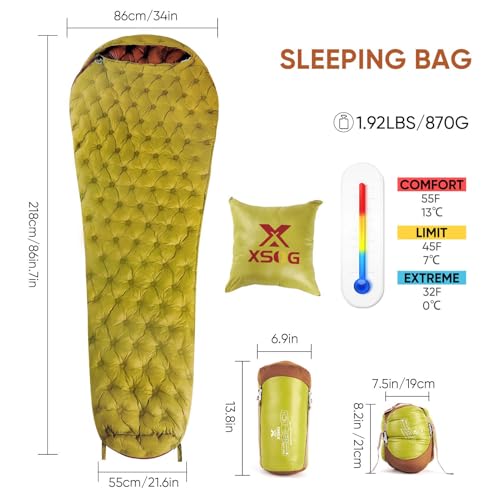 Xsog Ultralight Down Sleeping Bag for Adults, 1.92lbs 32-55F 650 Fill Down, Lightweight Compact Mummy Backpacking Sleeping...