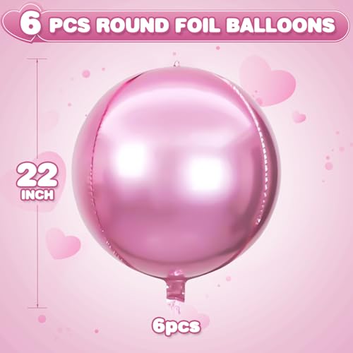 6Pcs Pink Round Foil Balloons,Giant 4D Round Ball Balloons,22 Inch Metallic Pink Balloon for Birthday Wedding Graduation P...