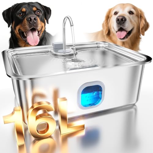 4.2Gal Dog Water Fountain for Large Dogs, 16L Stainless Steel Large Dog Fountain Water Bowl with Deeper & Wider Drinking T...
