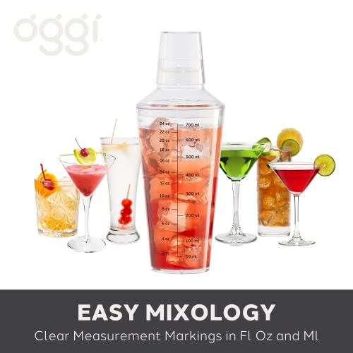 OGGI Clear Cocktail Shaker - 24 oz / 700 ml, Clear Durable Plastic Construction, Built in Strainer - Ideal Home Bar Drink ...