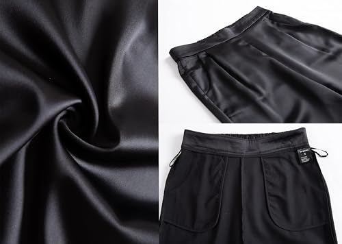 heipeiwa Women's Satin Pants Dress Casual Pleated Pull on High Waist Pants Baggy Front Tapered Trouser