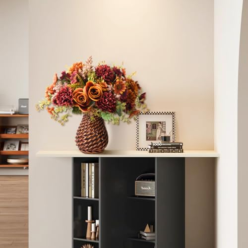 Artificial Faux Flowers in Vase, Fake Silk Floral Arrangements Rose Bouquets with Handmade Rattan Vase, Farmhouse Table De...
