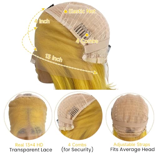 Yellow Wig Human Hair 200 Density Yellow Lace Front Wig Human Hair Body Wave Lace Front Wigs Human Hair Pre Plucked 13x4 HD Lace Frontal Wig Glueless Wigs 24 Inch